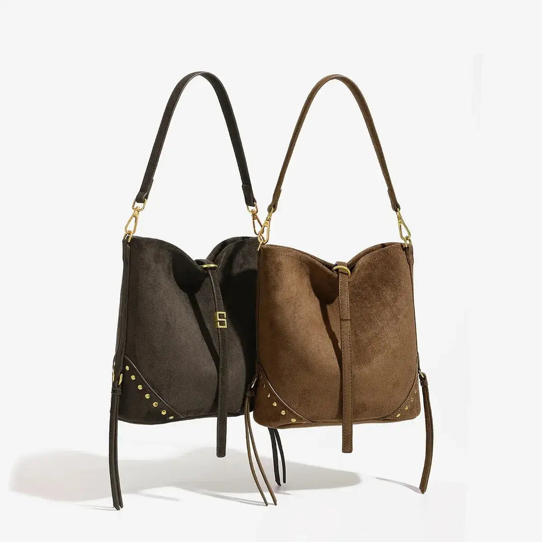 Large Capacity Tote Bag for Women, Hip-Hop Style, Black and Brown Soft Suede Shoulder Bag with Rivets.