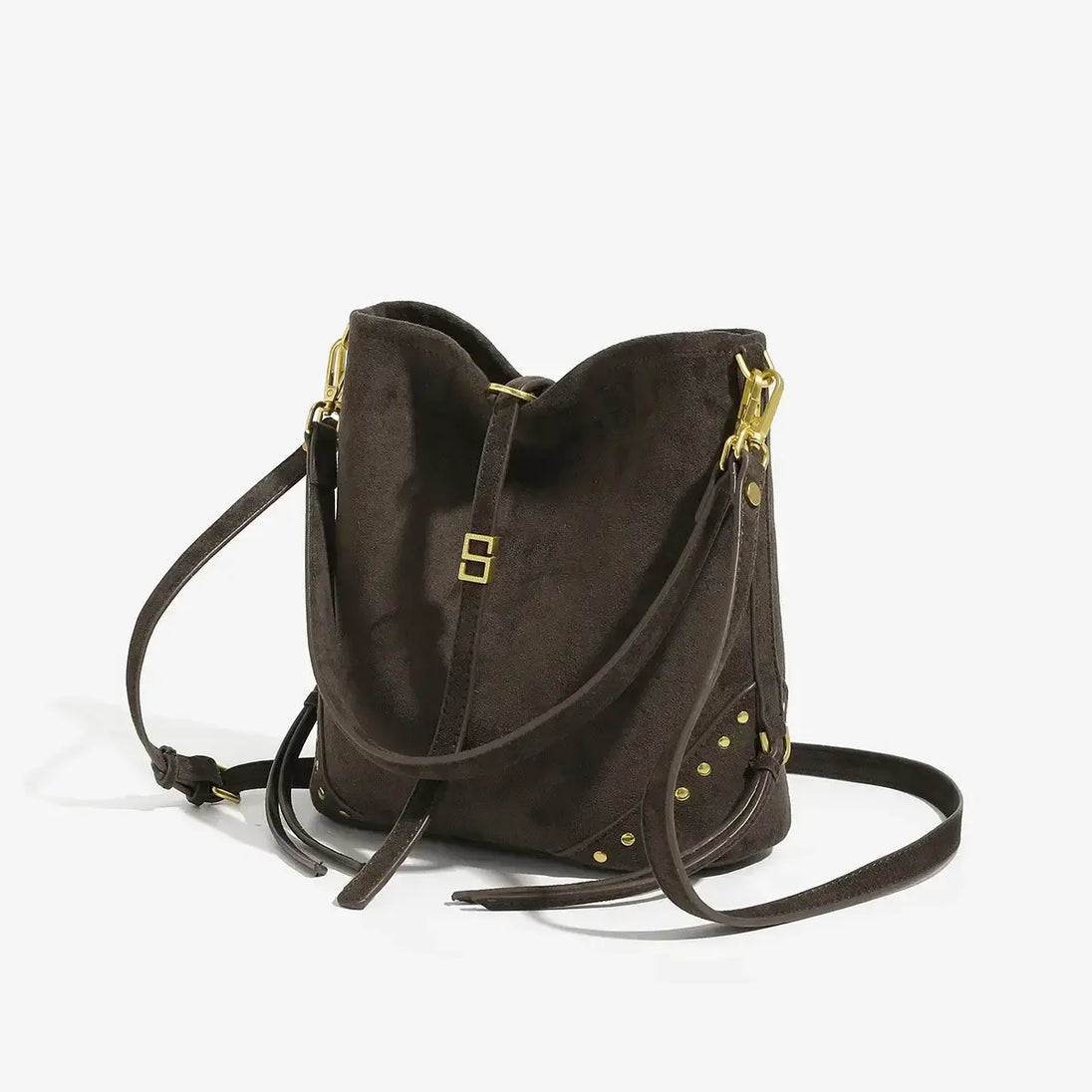 Large capacity brown suede shoulder tote bag for women, hip-hop style with gold studs and soft lining.