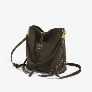 Large capacity brown suede shoulder tote bag for women, hip-hop style with gold studs and soft lining.