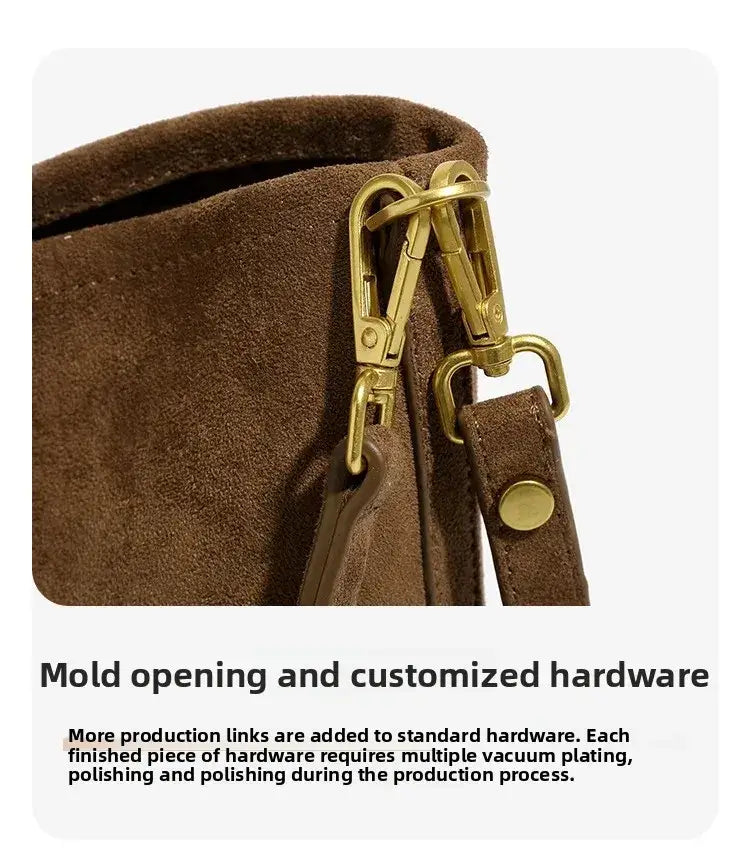Brown vintage shoulder tote bag showing mold opening and customized hardware for durability and style.