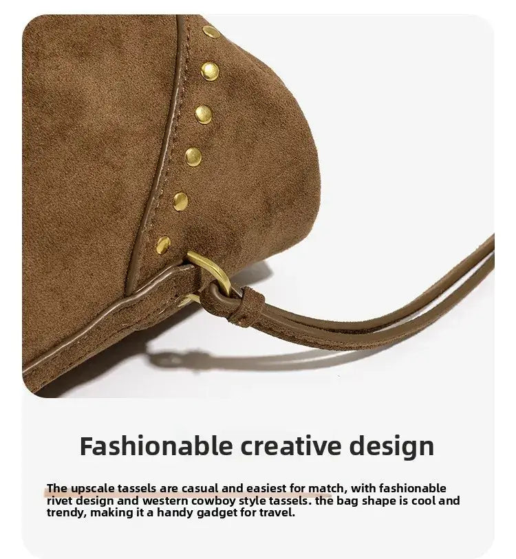 Large capacity brown rivet shoulder tote bag, trendy hip-hop style for women, perfect for daily use.