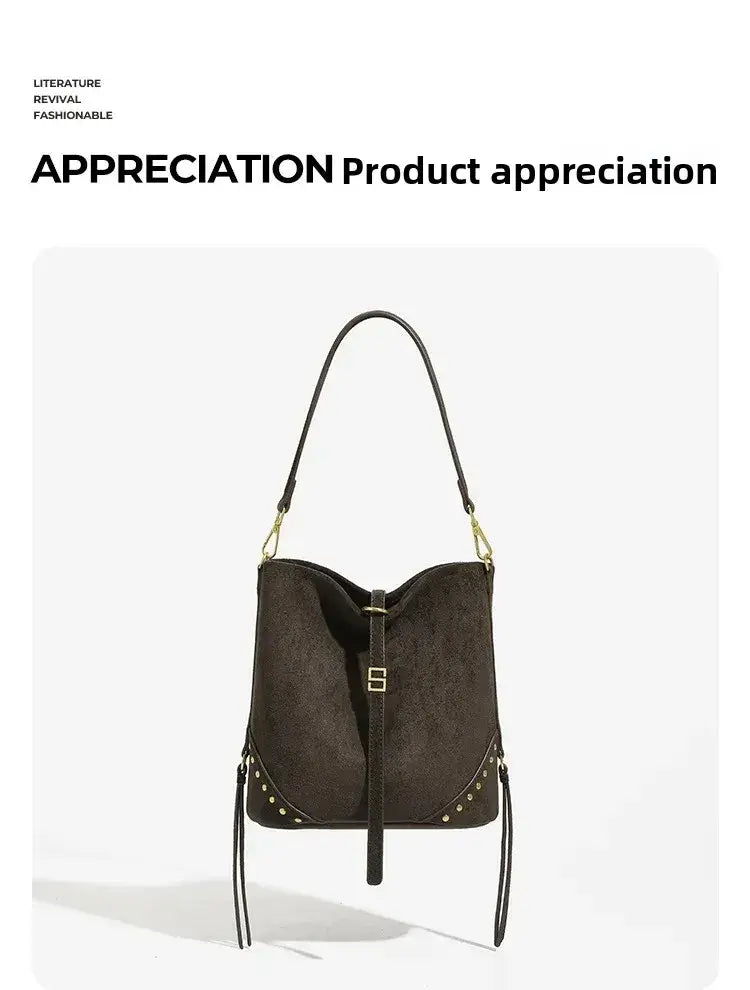 Large capacity black shoulder tote bag for women, featuring rivet design, soft polyester lining, and hip-hop style.