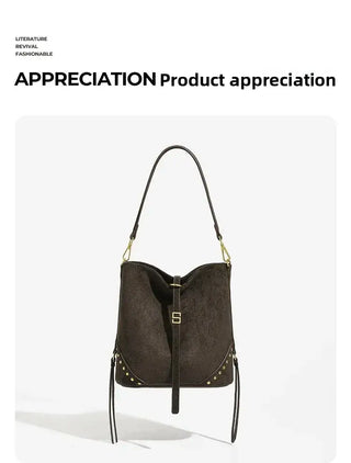 Large capacity black shoulder tote bag for women, featuring rivet design, soft polyester lining, and hip-hop style.