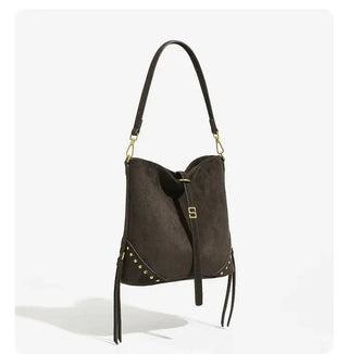 Large capacity brown suede hip hop shoulder tote bag for women with decorative studs.