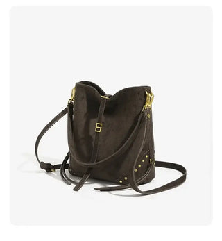 Brown soft polyester shoulder tote bag with rivet details, perfect for hip-hop style, ideal for daily use by women.