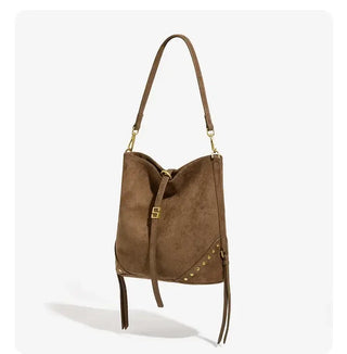 Large capacity brown tote bag for women, hip-hop style with soft suede and decorative studs.
