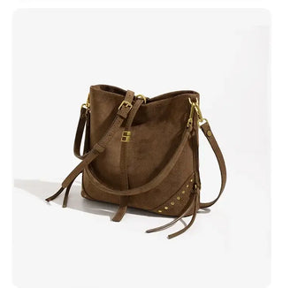 Large capacity brown suede shoulder tote bag for women with gold accents, ideal for daily use in fall and winter.