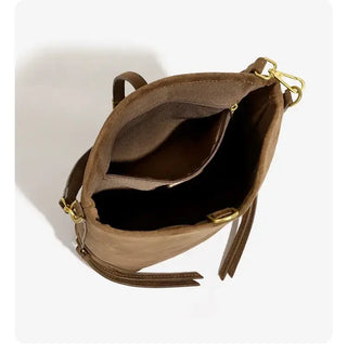 Large Capacity Brown Vintage Shoulder Tote Bag interior view, soft polyester lining, hip-hop style for women.