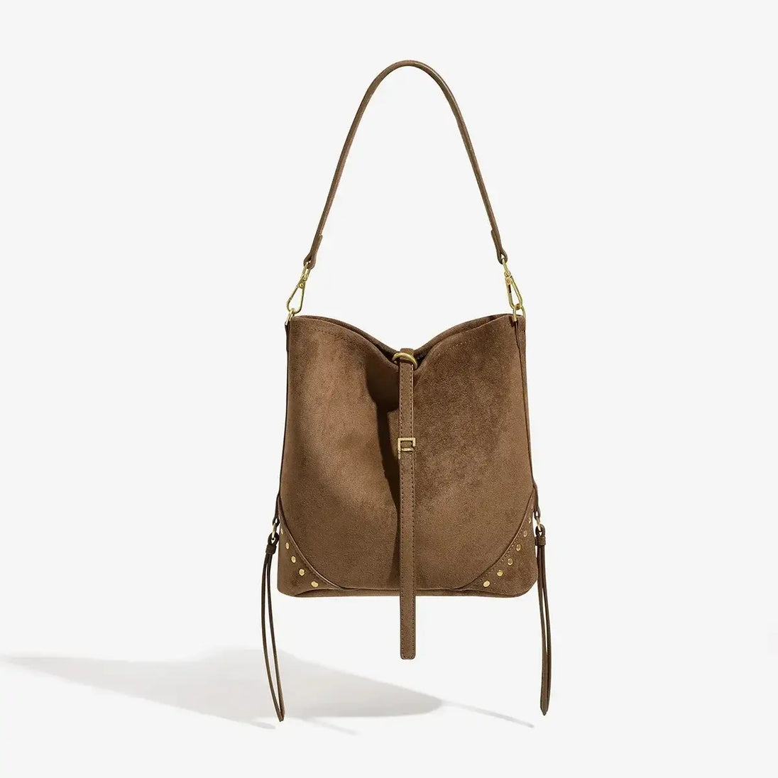 Large capacity brown rivet shoulder tote bag for women, vintage hip hop style with soft polyester lining.