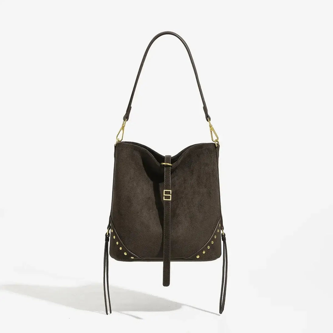 Large capacity black rivet shoulder tote bag for women, hip-hop style with soft polyester lining.