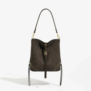 Black Large Capacity Vintage Shoulder Tote Bag with Rivets for Women, Hip-Hop Style, Soft Material.