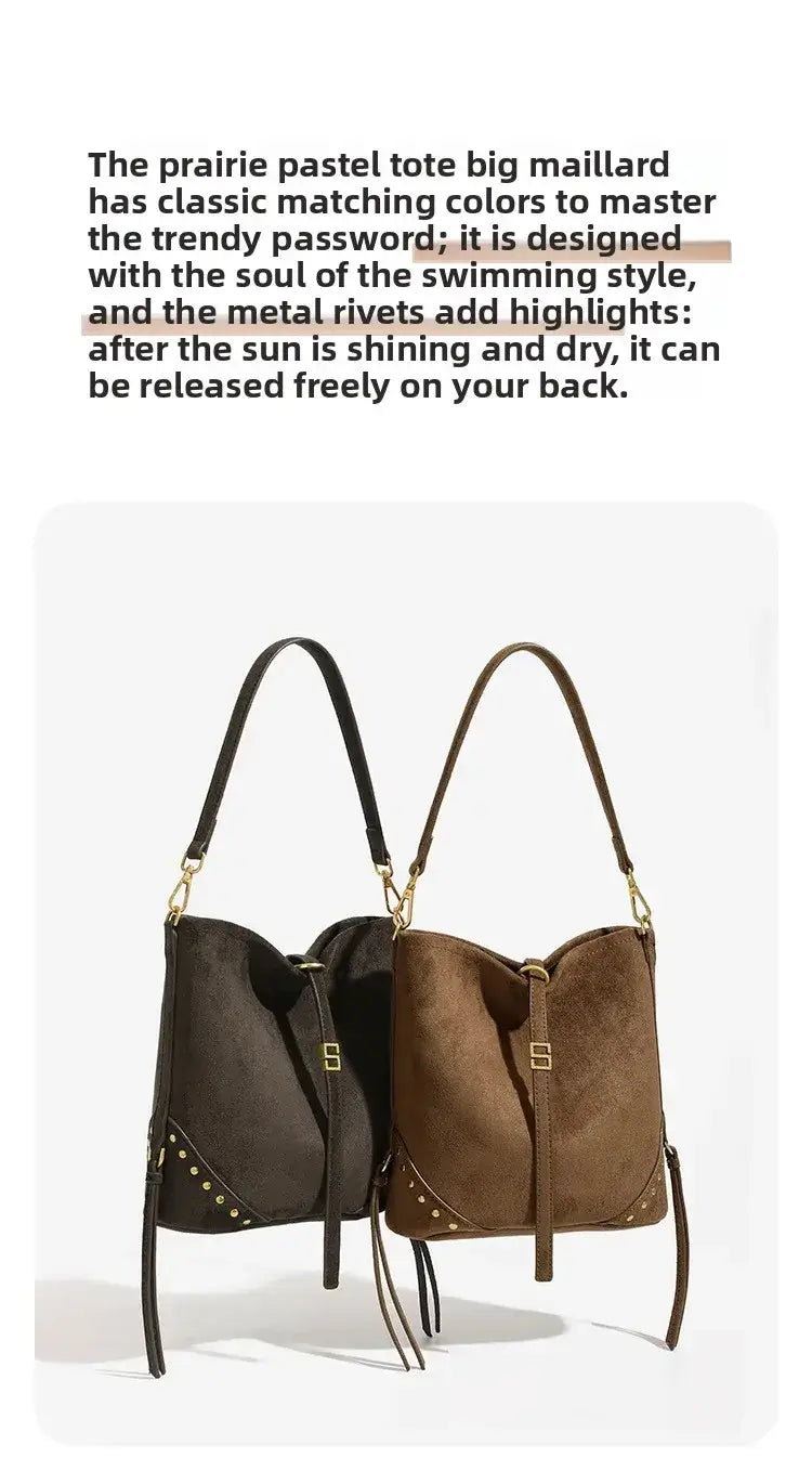 Large capacity brown and black shoulder tote bag for women, hip hop style with metal rivets and soft polyester lining.