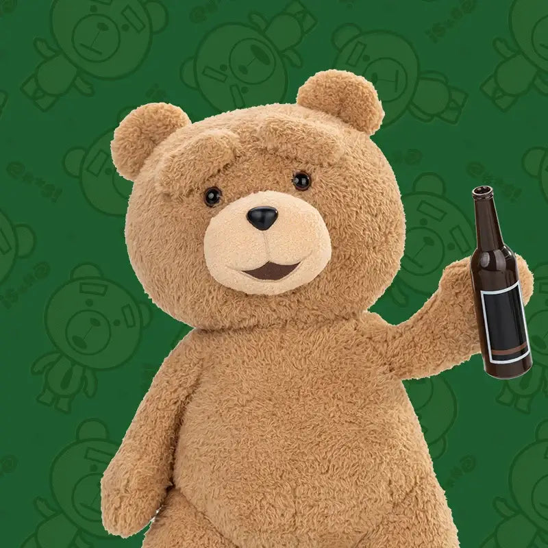 TED 2 POP MART collectible teddy bear model, brown plush with bottle, perfect for collectors and fans.