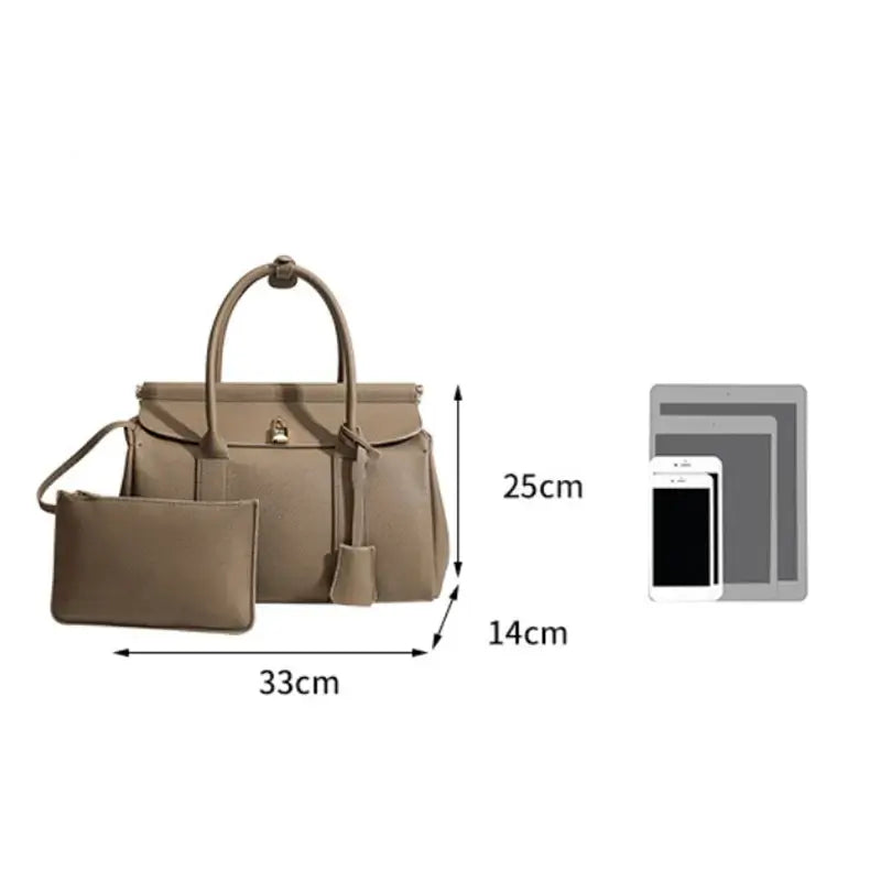 Taupe women’s tote bag with matching pouch, dimensions 33cm x 25cm x 14cm, stylish and practical everyday accessory.