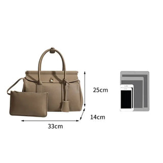 Taupe women’s tote bag with matching pouch, dimensions 33cm x 25cm x 14cm, stylish and practical everyday accessory.