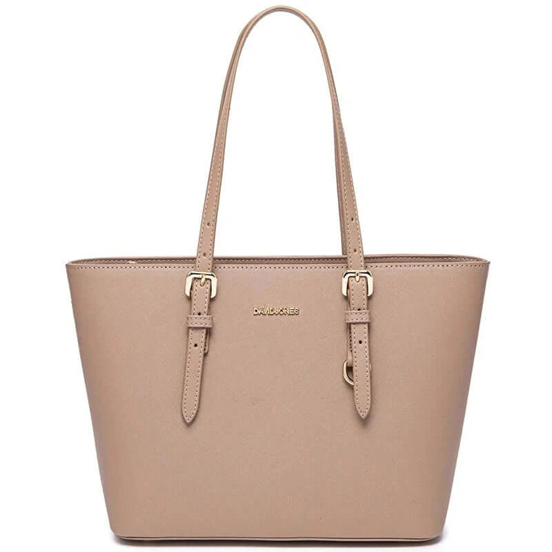 Tote Bag with Adjustable Shoulder Straps in beige color featuring zipper closure and stylish buckle details.