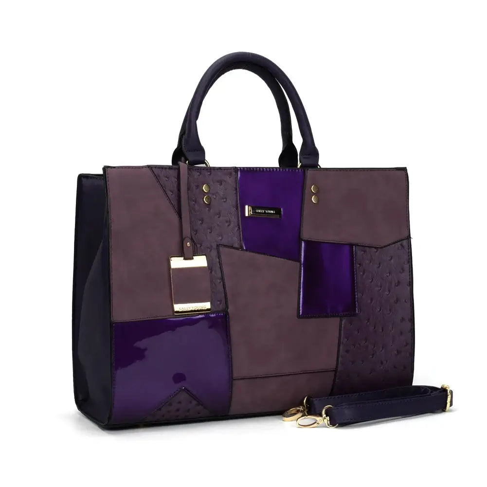 Geometric-pattern tote bag in purple, made of PU leather, featuring zipper closure and subtle sequined details, stylish for all occasions.