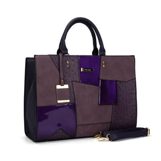 Geometric-pattern tote bag in purple, made of PU leather, featuring zipper closure and subtle sequined details, stylish for all occasions.
