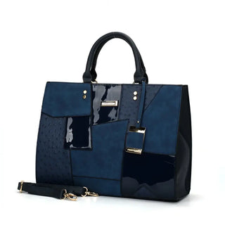 Navy geometric-pattern tote handbag with durable PU leather, stylish structure, and secure zipper closure.