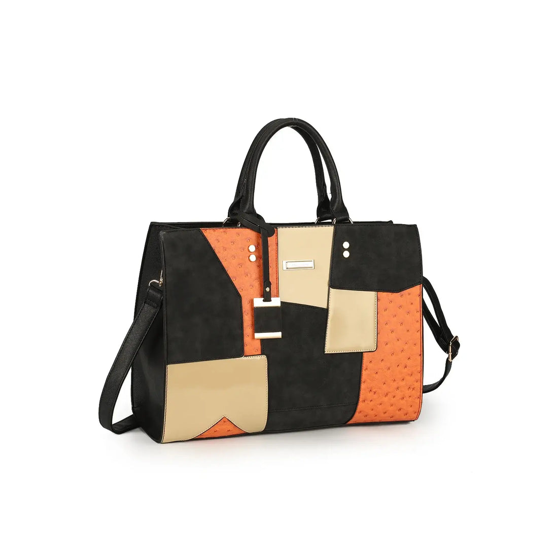 Multi-functional geometric-pattern tote bag in black, orange, and beige with structured silhouette and zipper closure.