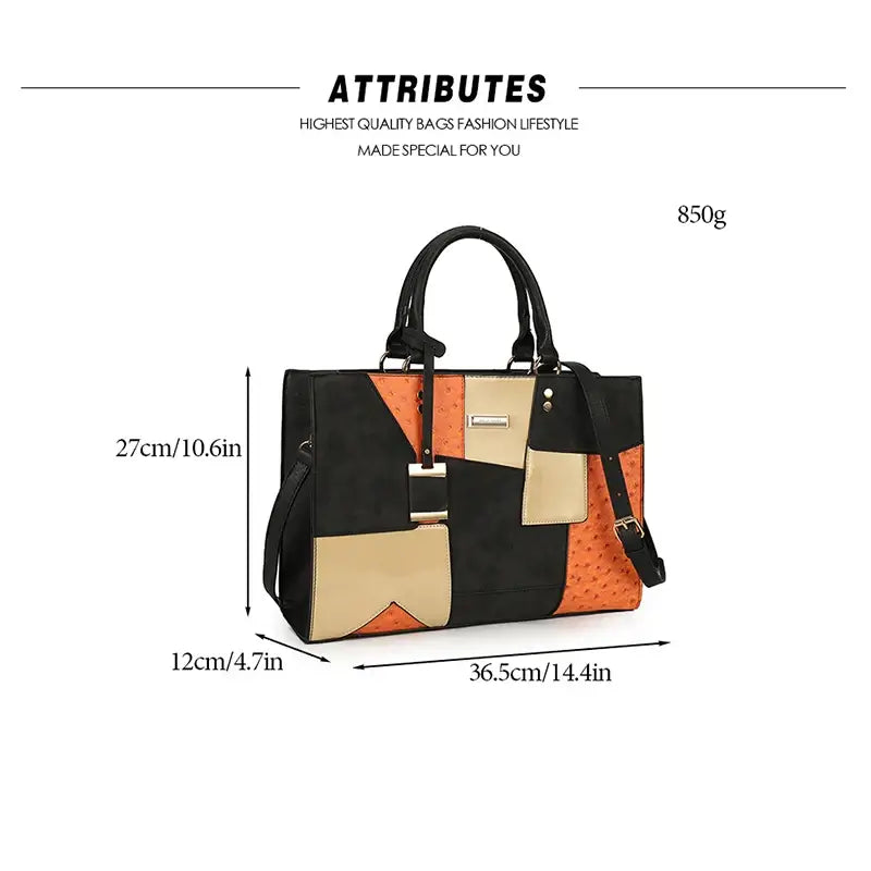 Multi-functional geometric-pattern tote bag in black, orange, and beige, crafted from durable PU leather, elegant design.