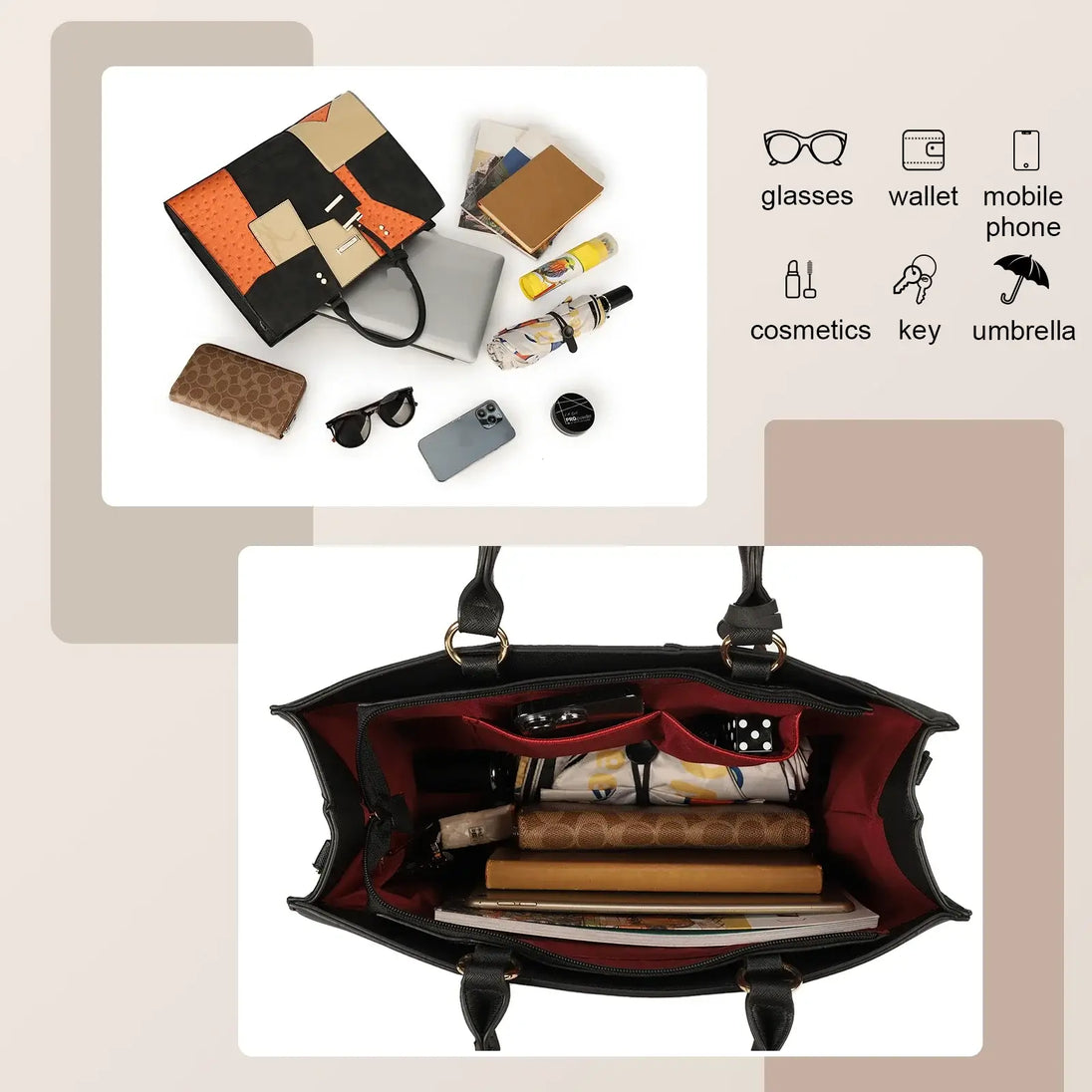 Multi-functional black geometric-pattern handbag showcasing organized interior with essentials like wallet, glasses, and cosmetics.