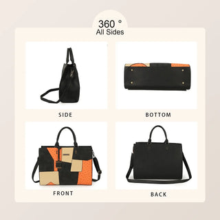 360-degree view of a black multi-functional handbag with geometric patterns, showcasing side, bottom, front, and back.