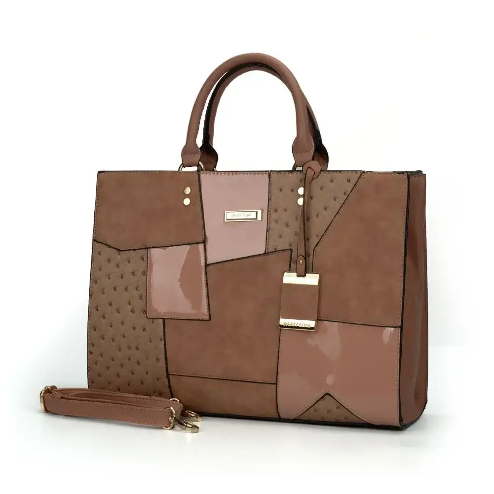 Multi-functional handbag in brown with geometric pattern, durable PU leather, and structured silhouette.