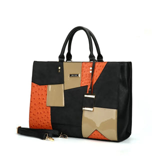 Multi-functional handbag in geometric patterns, black, orange, and beige, crafted from PU leather.