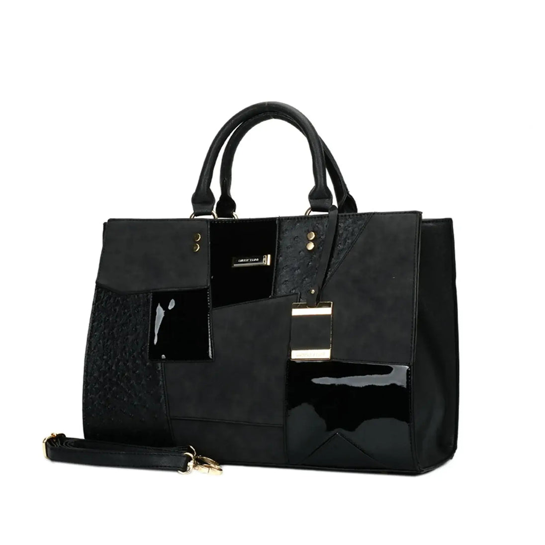 Black multi-functional handbag with geometric patterns and structured silhouette, perfect for modern elegance.