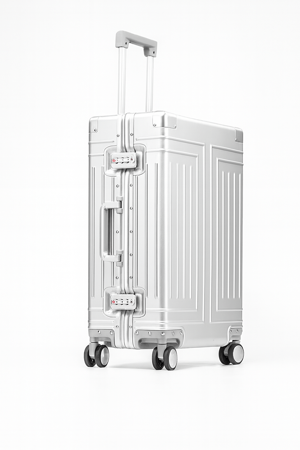 Travel suitcase carry-on luggage, white aluminum-magnesium with 360° spinner wheels and secure lock system.