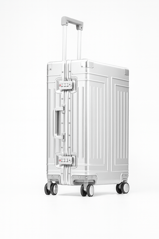 Travel suitcase carry-on luggage, white aluminum-magnesium with 360° spinner wheels and secure lock system.