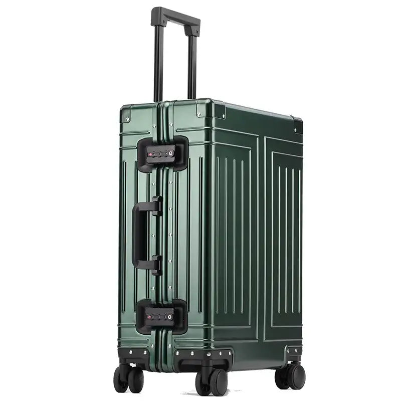 Travel suitcase in green color, 100% aluminum-magnesium, durable rolling luggage with 360° spinner wheels.