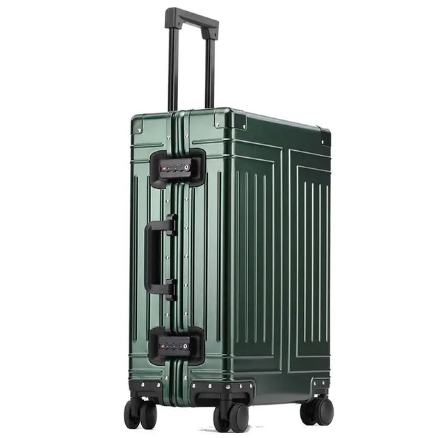 Travel suitcase in green color, 100% aluminum-magnesium, durable rolling luggage with 360° spinner wheels.