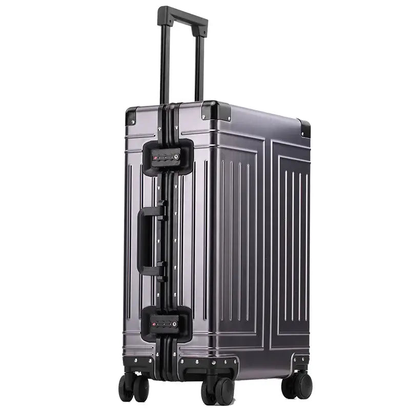 Travel suitcase, aluminum, carry-on luggage, stylish gray design, durable with 360° spinner wheels.