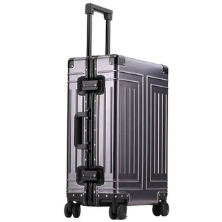 Travel suitcase, aluminum, carry-on luggage, stylish gray design, durable with 360° spinner wheels.