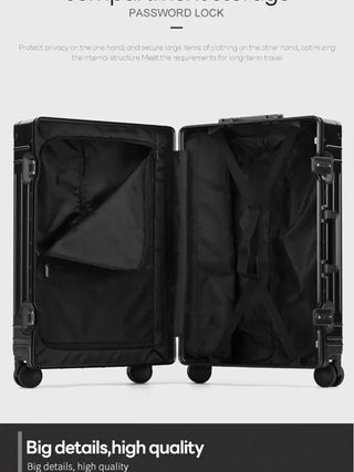 Travel suitcase in black, 100% aluminum-magnesium with password lock and spacious interior for organized packing.