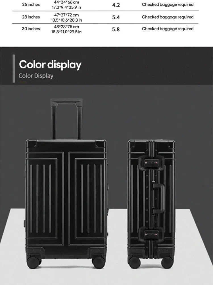 Travel Suitcase - Black Aluminum Carry-On Luggage with spinner wheels and adjustable handle