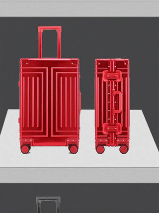 Travel suitcase in red color, 100% aluminum-magnesium rolling luggage with 360° spinner wheels.