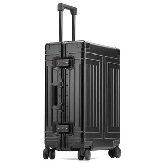 Black aluminum-magnesium carry-on suitcase with 360° spinner wheels and adjustable handle for stylish travel.