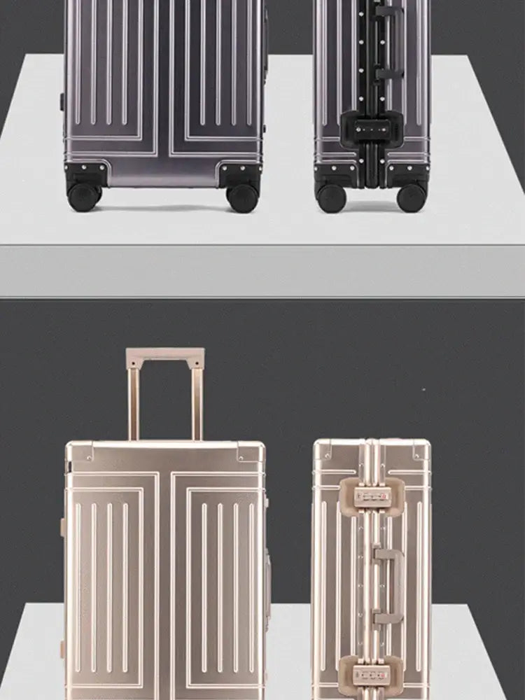 Travel suitcase carry-on luggage, gray and gold, 100% aluminum-magnesium with 360° spinner wheels.