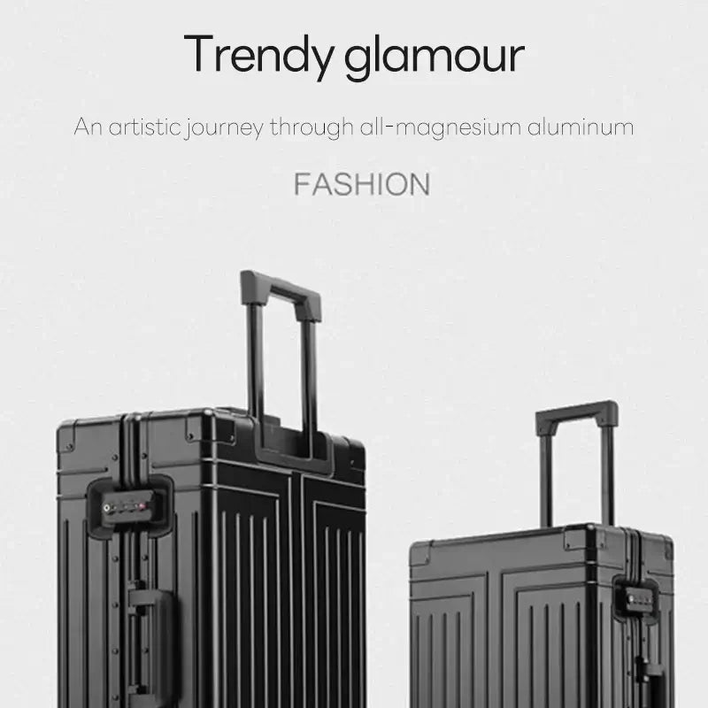 Travel suitcase, black, aluminum rolling luggage - stylish and durable with integrated lock and 360° spinner wheels.