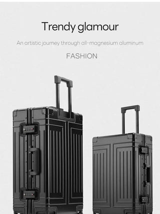Travel suitcase, black carry-on luggage, 100% aluminum-magnesium, stylish design with spinner wheels.