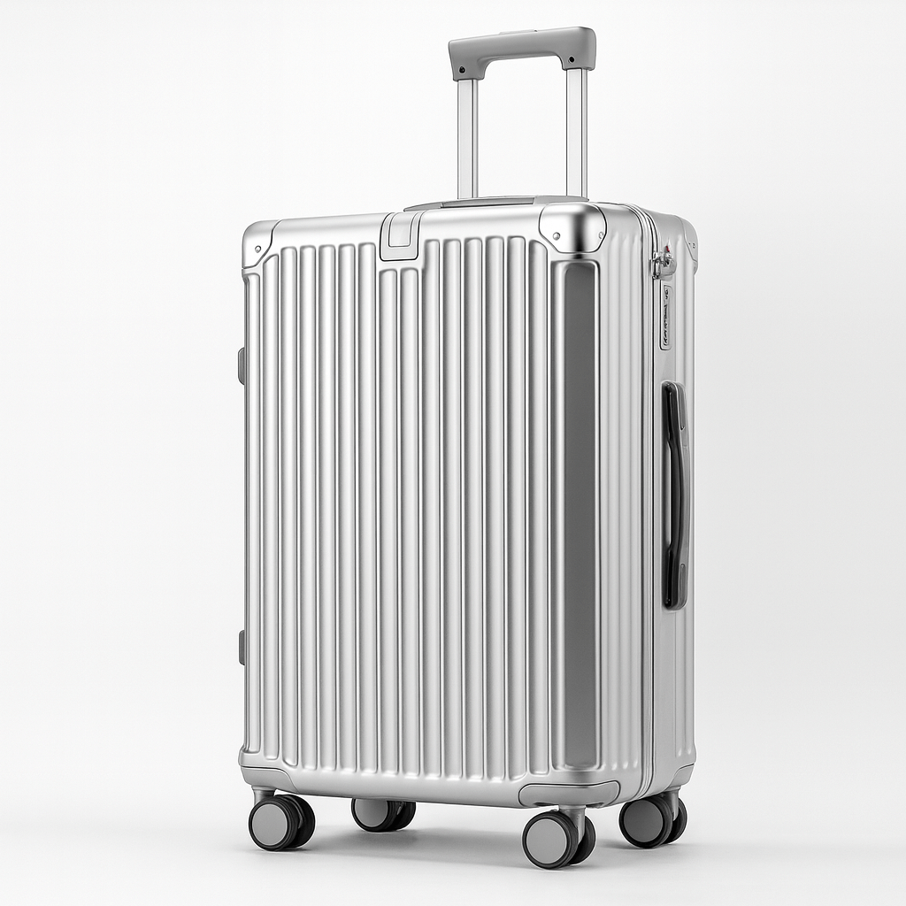 Travel suitcase in silver color, carrying capacity, durable polycarbonate, with 360° spinner wheels and secure lock system.