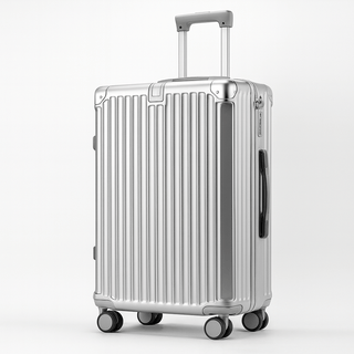 Travel suitcase in silver color, carrying capacity, durable polycarbonate, with 360° spinner wheels and secure lock system.