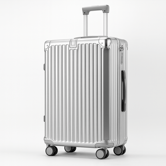Travel suitcase in silver color, carrying capacity, durable polycarbonate, with 360° spinner wheels and secure lock system.