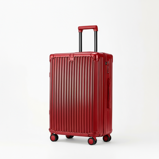 Red travel suitcase carry-on luggage with secure lock system and 360° spinner wheels.