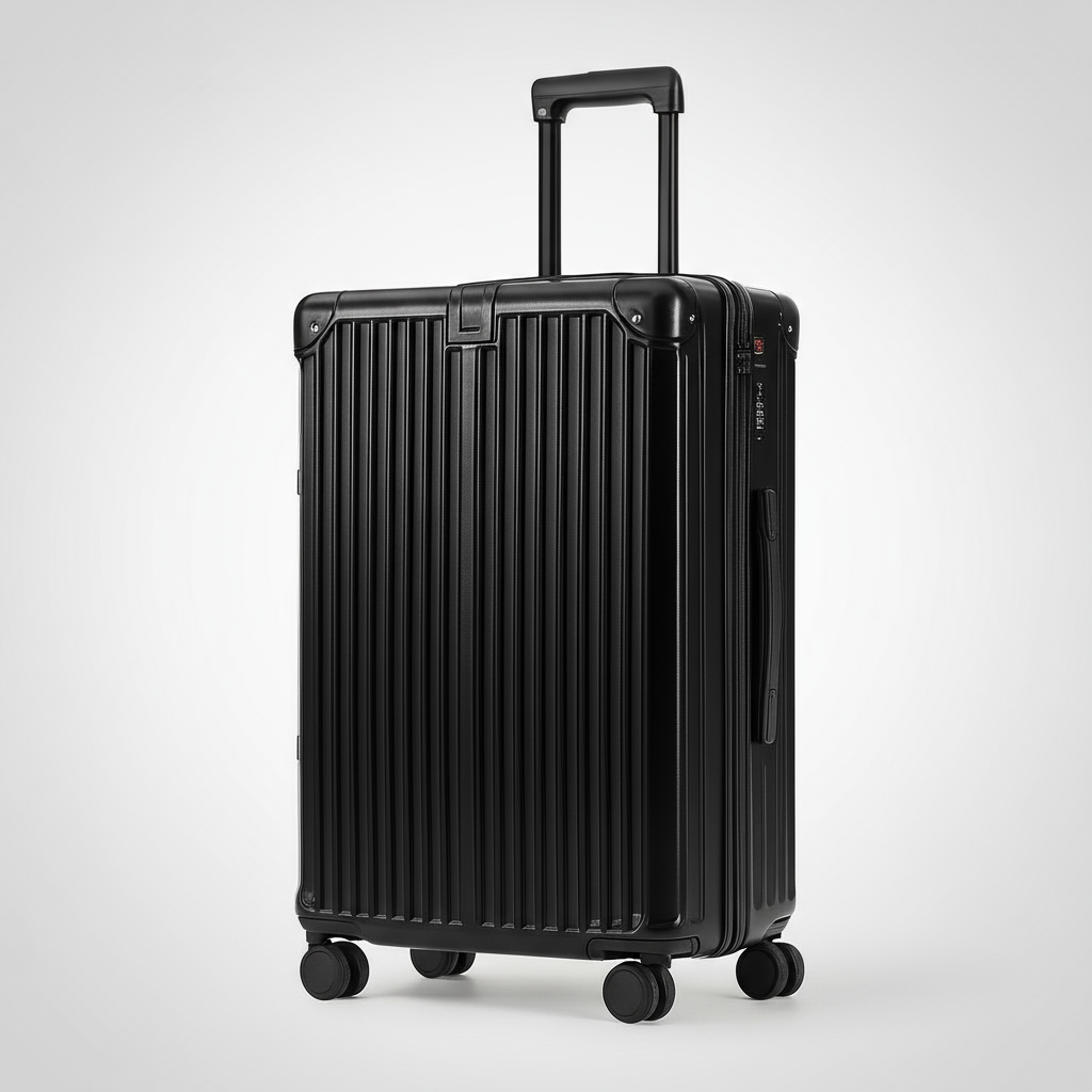 Travel suitcase in black, PC spinner carry-on luggage with secure lock system and 360° spinner wheels.