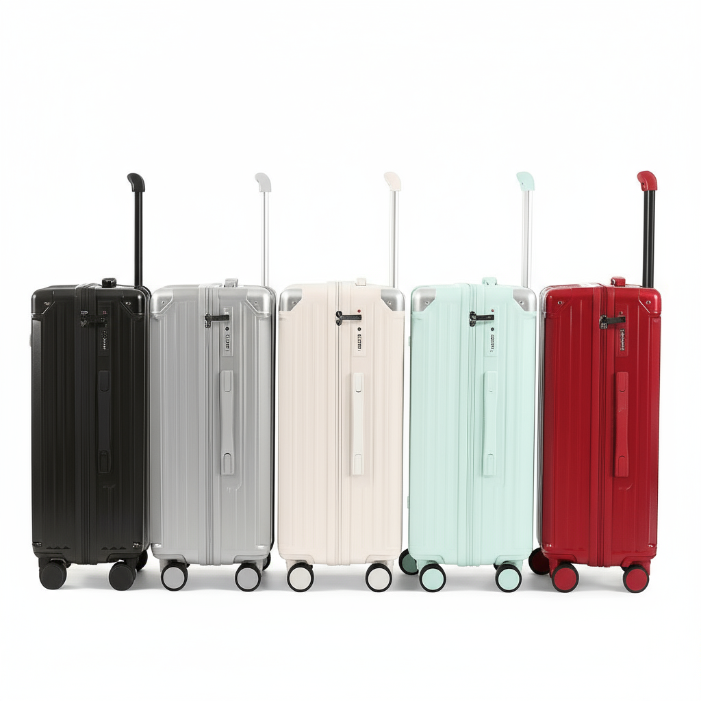 Travel suitcase carry-on luggage in black, grey, white, mint green, and red with secure lock system and spinner wheels.