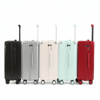 Travel suitcase carry-on luggage in black, grey, white, mint green, and red with secure lock system and spinner wheels.